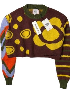BDG Urban Outfitters Cropped Multicolor Graphic Sweater - Brown/Yellow